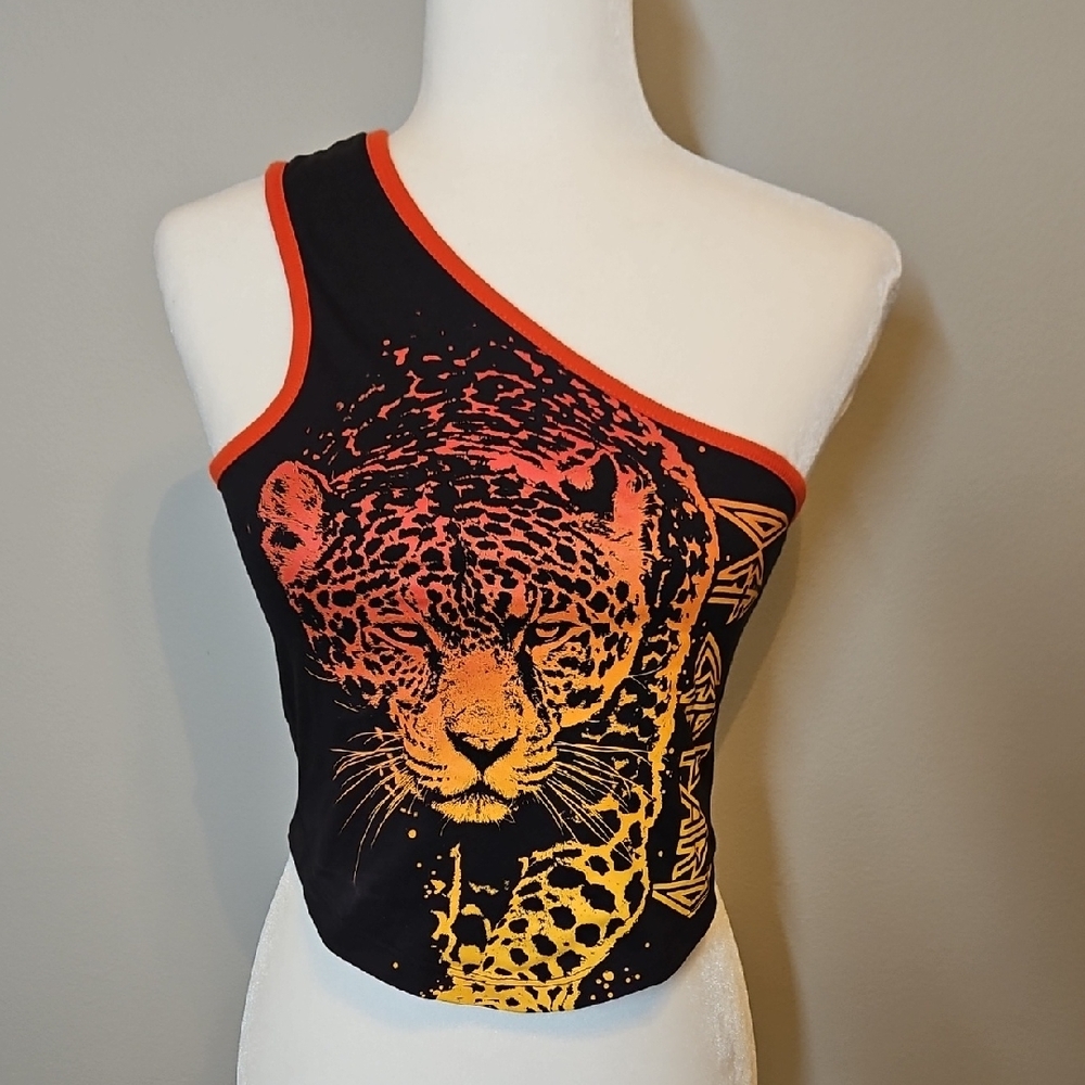 Leopard Print One-Shoulder Crop Top - Black and Orange Def Leppard Y2K Babydoll